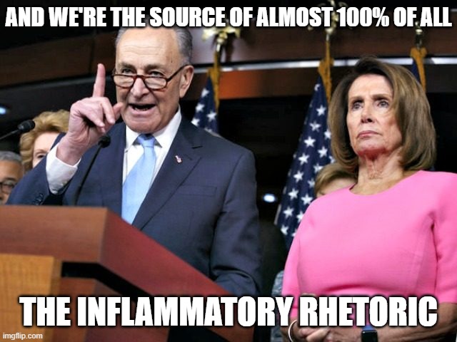 pelosi schumer | AND WE'RE THE SOURCE OF ALMOST 100% OF ALL THE INFLAMMATORY RHETORIC | image tagged in pelosi schumer | made w/ Imgflip meme maker