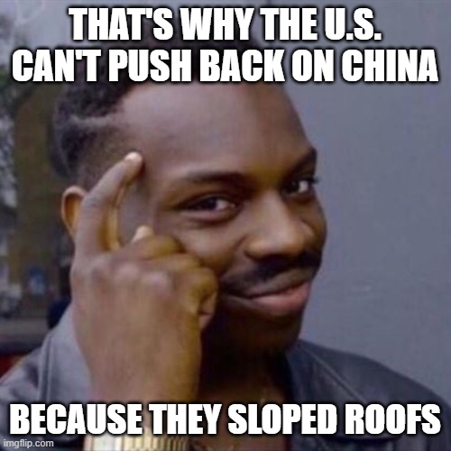 wise black guy | THAT'S WHY THE U.S. CAN'T PUSH BACK ON CHINA BECAUSE THEY SLOPED ROOFS | image tagged in wise black guy | made w/ Imgflip meme maker