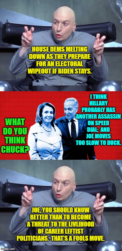 Joe puts the 'D' in Dementia. | HOUSE DEMS MELTING DOWN AS THEY PREPARE FOR AN ELECTORAL WIPEOUT IF BIDEN STAYS. I THINK HILLARY PROBABLY HAS ANOTHER ASSASSIN ON SPEED DIAL;  AND JOE MOVES TOO SLOW TO DUCK. WHAT DO YOU THINK CHUCK? JOE, YOU SHOULD KNOW BETTER THAN TO BECOME A THREAT TO THE LIVLIHOOD OF CAREER LEFTIST POLITICIANS.  THAT'S A FOOLS MOVE. | image tagged in dr evil air quotes | made w/ Imgflip meme maker