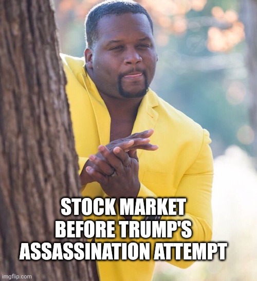 Just like 9/11 | STOCK MARKET BEFORE TRUMP'S ASSASSINATION ATTEMPT | image tagged in black guy hiding behind tree | made w/ Imgflip meme maker