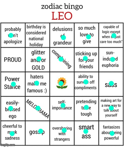 Swear it changes every time I do this bingo to check if I'm a Leo without being actually serious | image tagged in leo bingo | made w/ Imgflip meme maker