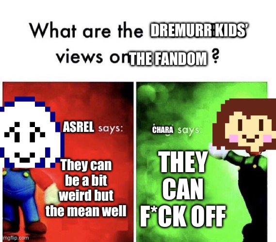 Lol | DREMURR KIDS’; THE FANDOM; ASREL; CHARA; They can be a bit weird but the mean well; THEY CAN F*CK OFF | image tagged in mario bros views,undertale,chara | made w/ Imgflip meme maker