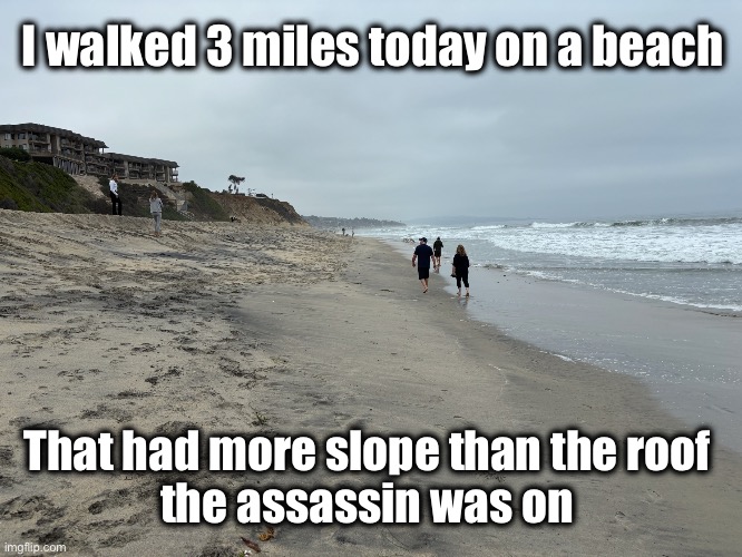 Secret Service…Secret agenda | I walked 3 miles today on a beach; That had more slope than the roof 
the assassin was on | image tagged in beach | made w/ Imgflip meme maker