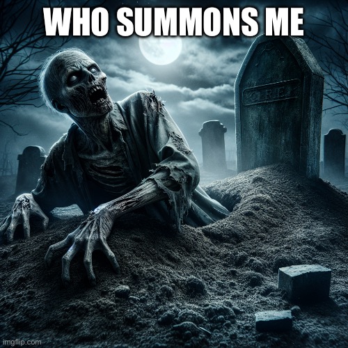 zombie coming out of its grave | WHO SUMMONS ME | image tagged in zombie coming out of its grave | made w/ Imgflip meme maker