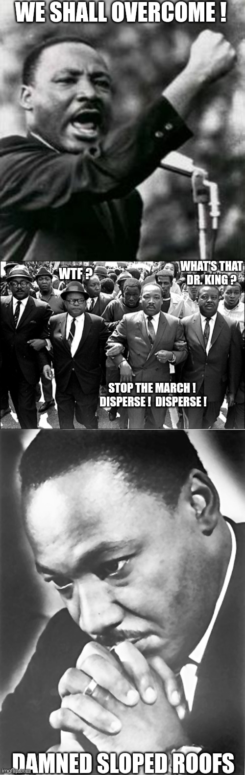 If the Secret Service led the civil rights movement | WE SHALL OVERCOME ! WHAT'S THAT DR. KING ? WTF ? STOP THE MARCH !  DISPERSE !  DISPERSE ! DAMNED SLOPED ROOFS | image tagged in mlkjr fist,mlk,mlk jr,secret service,incompetence,dei | made w/ Imgflip meme maker