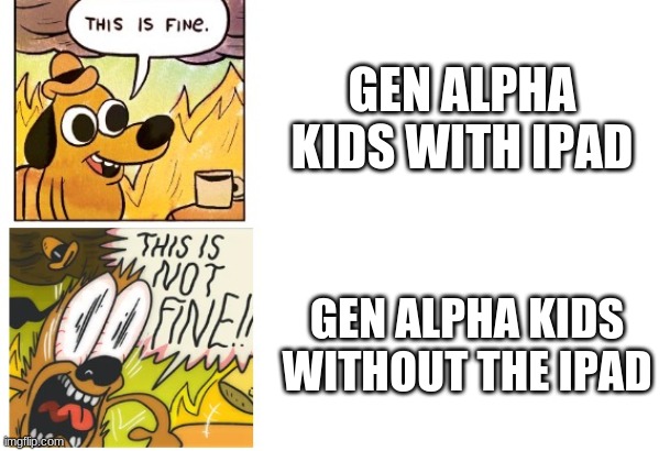 This is Fine, This is Not Fine | GEN ALPHA KIDS WITH IPAD; GEN ALPHA KIDS WITHOUT THE IPAD | image tagged in this is fine this is not fine | made w/ Imgflip meme maker