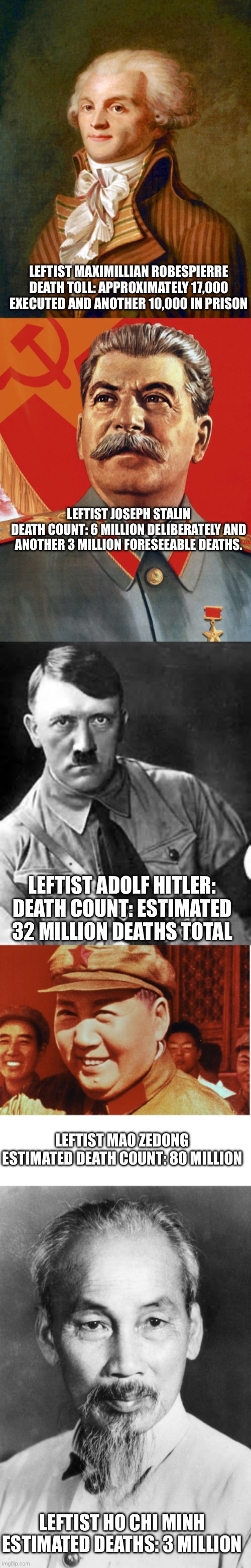 Everywhere Leftists hold power they spread violence and death | LEFTIST MAXIMILLIAN ROBESPIERRE
DEATH TOLL: APPROXIMATELY 17,000 EXECUTED AND ANOTHER 10,000 IN PRISON; LEFTIST JOSEPH STALIN
DEATH COUNT: 6 MILLION DELIBERATELY AND ANOTHER 3 MILLION FORESEEABLE DEATHS. LEFTIST ADOLF HITLER:
DEATH COUNT: ESTIMATED 32 MILLION DEATHS TOTAL; LEFTIST MAO ZEDONG
ESTIMATED DEATH COUNT: 80 MILLION; LEFTIST HO CHI MINH
ESTIMATED DEATHS: 3 MILLION | image tagged in robespierre,joseph stalin,adolf hitler,mao ze dong,ho chi minh | made w/ Imgflip meme maker