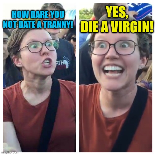Social Justice Warrior Hypocrisy | HOW DARE YOU NOT DATE A TRANNY! YES,
DIE A VIRGIN! | image tagged in social justice warrior hypocrisy | made w/ Imgflip meme maker