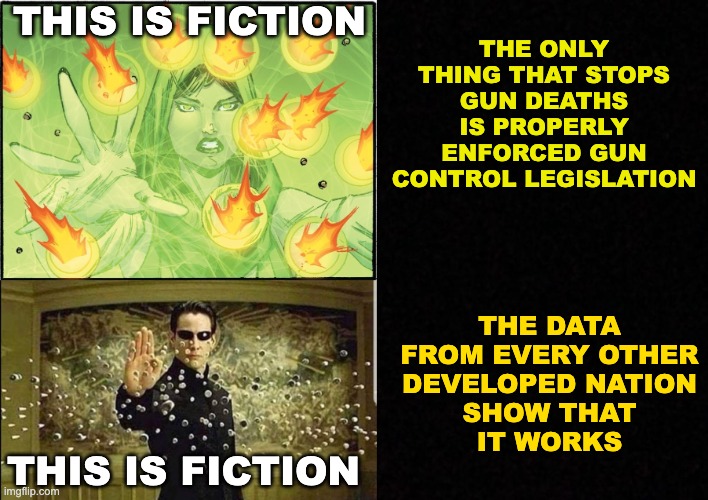The data also shows that "good guy with a gun" DOESN'T work | THIS IS FICTION; THE ONLY THING THAT STOPS GUN DEATHS IS PROPERLY ENFORCED GUN CONTROL LEGISLATION; THE DATA
FROM EVERY OTHER
DEVELOPED NATION
SHOW THAT
IT WORKS; THIS IS FICTION | image tagged in force field stops bullets,neo stopping bullets,guns,gun control,deaths | made w/ Imgflip meme maker