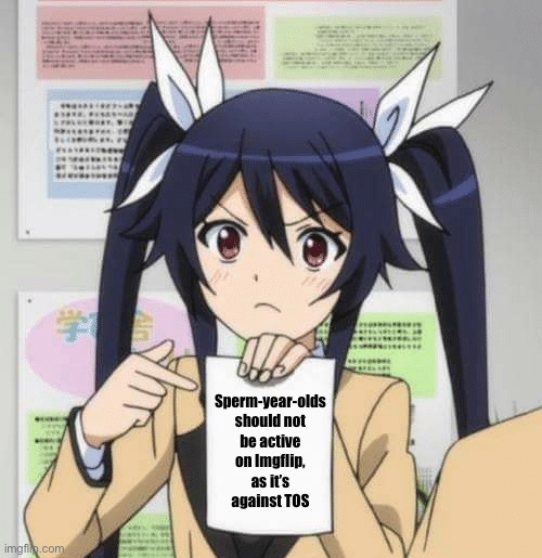 stern anime sign | Sperm-year-olds should not be active on Imgflip, as it’s against TOS | image tagged in stern anime sign | made w/ Imgflip meme maker