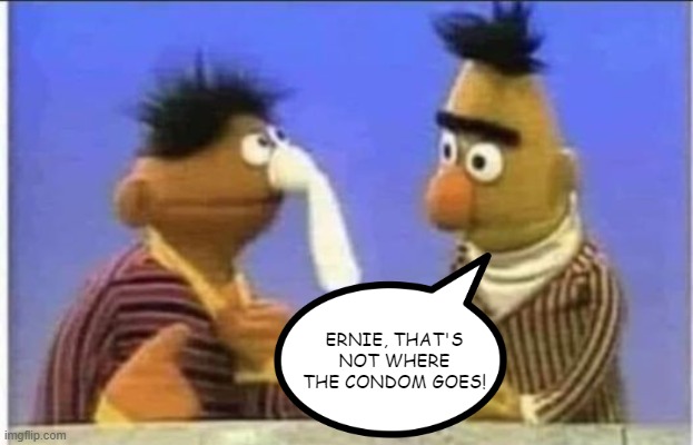 Wrong Place | ERNIE, THAT'S NOT WHERE THE CONDOM GOES! | image tagged in sex jokes | made w/ Imgflip meme maker