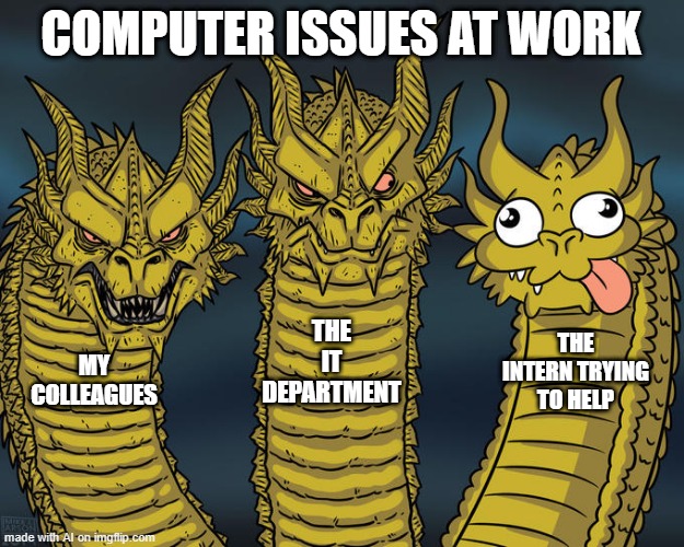 It's Always the Intern | COMPUTER ISSUES AT WORK; THE IT DEPARTMENT; THE INTERN TRYING TO HELP; MY COLLEAGUES | image tagged in three-headed dragon | made w/ Imgflip meme maker