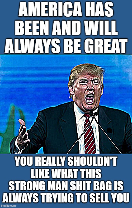 trump yelling - believe me - save me - make america mine again | AMERICA HAS BEEN AND WILL ALWAYS BE GREAT; YOU REALLY SHOULDN'T LIKE WHAT THIS STRONG MAN SHIT BAG IS ALWAYS TRYING TO SELL YOU | image tagged in trump yelling,fascist,commie,dictator,strongman,laughing donald trump | made w/ Imgflip meme maker