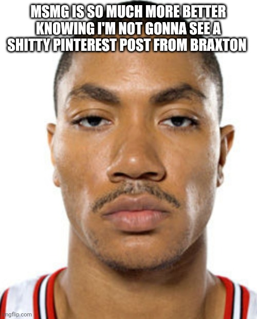 Derrick Rose Straight Face | MSMG IS SO MUCH MORE BETTER KNOWING I'M NOT GONNA SEE A SHITTY PINTEREST POST FROM BRAXTON | image tagged in derrick rose straight face | made w/ Imgflip meme maker