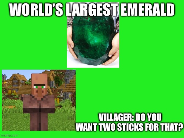 They are usually not this bad, but it’s funny | WORLD’S LARGEST EMERALD; VILLAGER: DO YOU WANT TWO STICKS FOR THAT? | image tagged in minecraft,annoying villagers | made w/ Imgflip meme maker