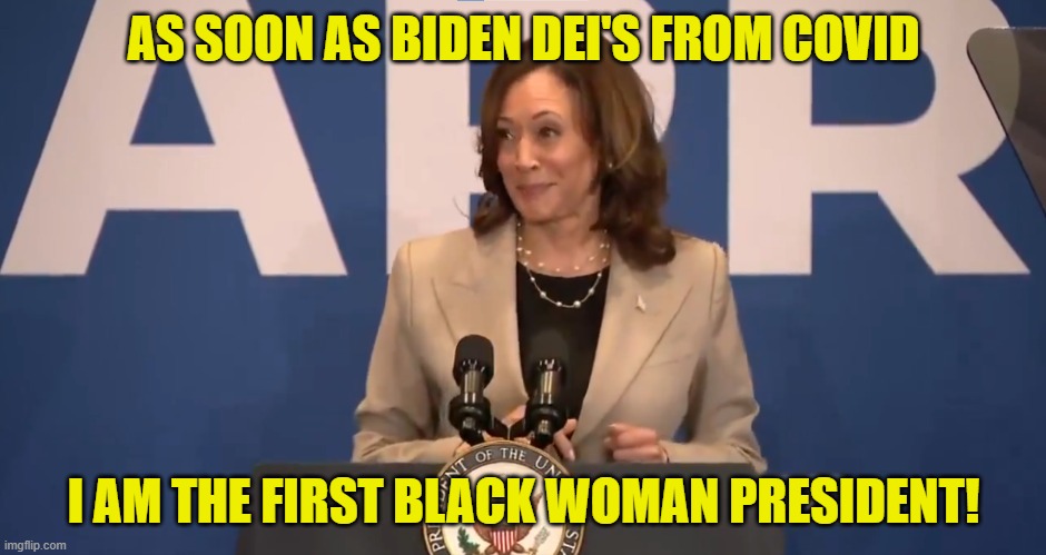 As soon as Biden DEI's from covid | AS SOON AS BIDEN DEI'S FROM COVID; I AM THE FIRST BLACK WOMAN PRESIDENT! | image tagged in covid,grim reaper knocking door,vice president,kamala harris,maga,make america great again | made w/ Imgflip meme maker