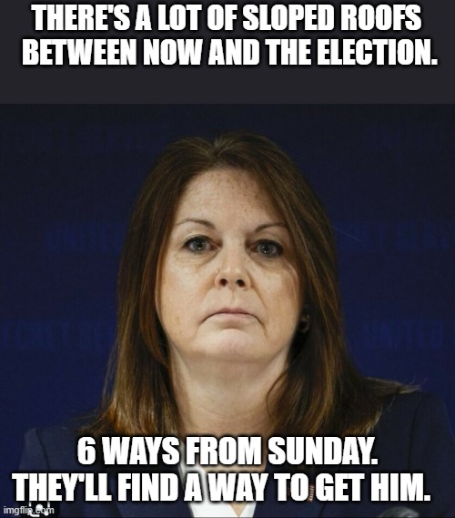 Kimberly Cheatle | THERE'S A LOT OF SLOPED ROOFS   BETWEEN NOW AND THE ELECTION. 6 WAYS FROM SUNDAY. THEY'LL FIND A WAY TO GET HIM. | image tagged in kimberly cheatle | made w/ Imgflip meme maker