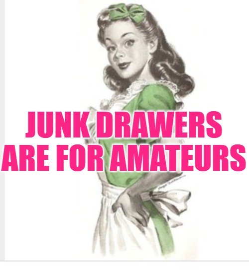 50's housewife | JUNK DRAWERS ARE FOR AMATEURS | image tagged in 50's housewife | made w/ Imgflip meme maker