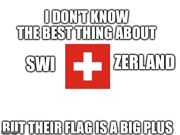 Blank White Template | I DON'T KNOW THE BEST THING ABOUT; ZERLAND; SWI; BUT THEIR FLAG IS A BIG PLUS | image tagged in blank white template,switzerland | made w/ Imgflip meme maker