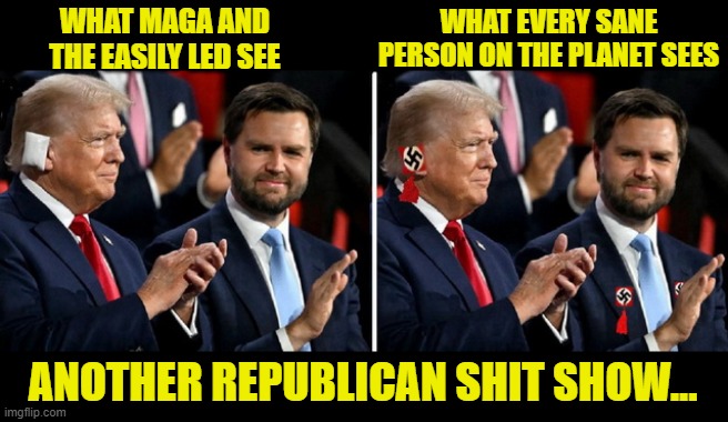 "Trump is America's Hitler" - JD Vance... | WHAT EVERY SANE PERSON ON THE PLANET SEES; WHAT MAGA AND THE EASILY LED SEE; ANOTHER REPUBLICAN SHIT SHOW... | image tagged in vice president,grammar nazi,donald trump memes,republican national convention,donald trump the clown | made w/ Imgflip meme maker