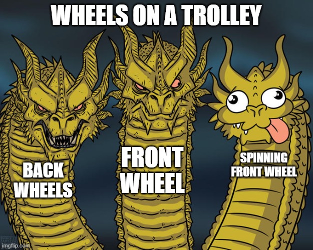 Three-headed Dragon | WHEELS ON A TROLLEY; FRONT WHEEL; SPINNING FRONT WHEEL; BACK WHEELS | image tagged in three-headed dragon | made w/ Imgflip meme maker