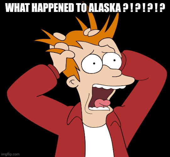 Futurama Fry Screaming | WHAT HAPPENED TO ALASKA ? ! ? ! ? ! ? | image tagged in futurama fry screaming | made w/ Imgflip meme maker