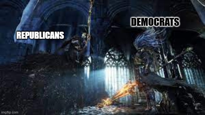 American politics be like | DEMOCRATS; REPUBLICANS | image tagged in nameless king vs aldrich | made w/ Imgflip meme maker