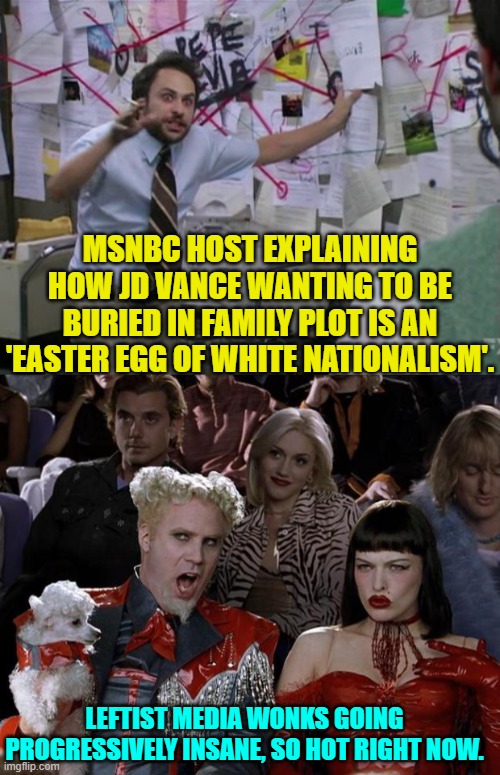 Yes, many of them actually belong inside insane wards with 24 hour surveillance. | MSNBC HOST EXPLAINING HOW JD VANCE WANTING TO BE BURIED IN FAMILY PLOT IS AN 'EASTER EGG OF WHITE NATIONALISM'. LEFTIST MEDIA WONKS GOING PROGRESSIVELY INSANE, SO HOT RIGHT NOW. | image tagged in charlie day | made w/ Imgflip meme maker