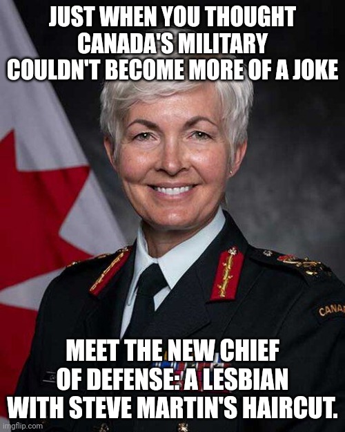 I will not DEI for this bullshit country. | JUST WHEN YOU THOUGHT CANADA'S MILITARY COULDN'T BECOME MORE OF A JOKE; MEET THE NEW CHIEF OF DEFENSE: A LESBIAN WITH STEVE MARTIN'S HAIRCUT. | image tagged in diversity,you're hired | made w/ Imgflip meme maker