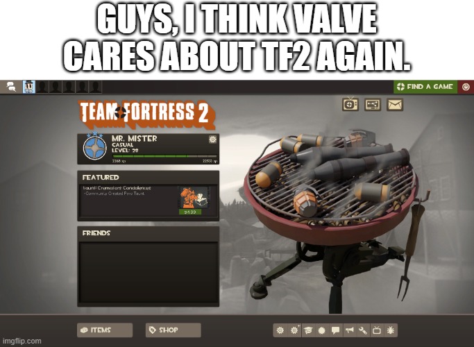 I'm not complaining, but why do they care so much all of a sudden? | GUYS, I THINK VALVE CARES ABOUT TF2 AGAIN. | image tagged in team fortress 2 | made w/ Imgflip meme maker