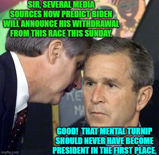 Personally I am leaning toward a Biden withdrawal, but we shall see. | SIR, SEVERAL MEDIA SOURCES NOW PREDICT BIDEN WILL ANNOUNCE HIS WITHDRAWAL FROM THIS RACE THIS SUNDAY. GOOD!  THAT MENTAL TURNIP SHOULD NEVER HAVE BECOME PRESIDENT IN THE FIRST PLACE. | image tagged in yep | made w/ Imgflip meme maker