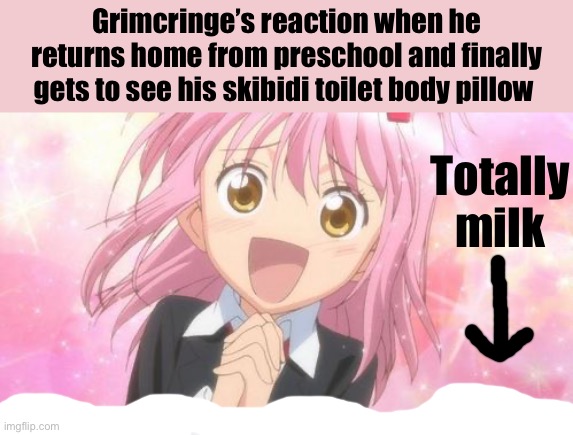 aww anime girl | Grimcringe’s reaction when he returns home from preschool and finally gets to see his skibidi toilet body pillow; Totally milk | image tagged in aww anime girl | made w/ Imgflip meme maker