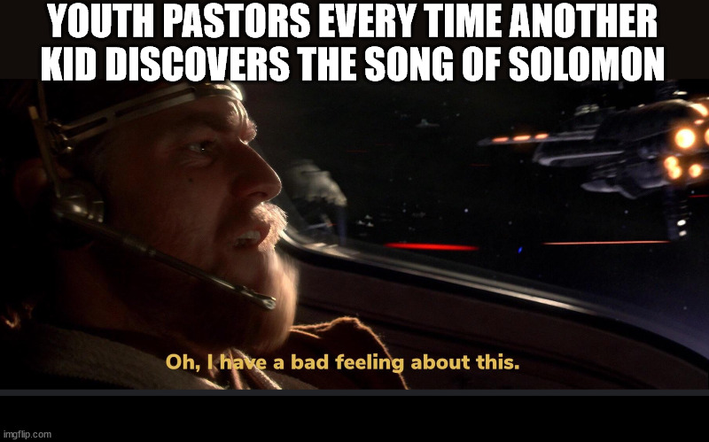 Not Again! | YOUTH PASTORS EVERY TIME ANOTHER KID DISCOVERS THE SONG OF SOLOMON | image tagged in oh i have a bed feeling about this | made w/ Imgflip meme maker