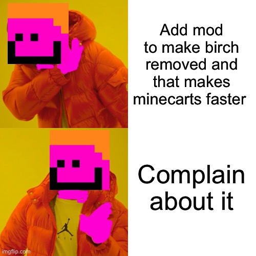 Camman18 | Add mod to make birch removed and that makes minecarts faster; Complain about it | image tagged in memes,drake hotline bling | made w/ Imgflip meme maker