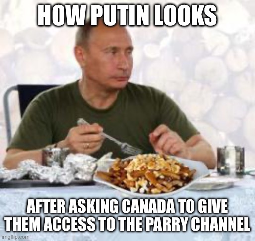 pOutinE | HOW PUTIN LOOKS; AFTER ASKING CANADA TO GIVE THEM ACCESS TO THE PARRY CHANNEL | image tagged in putin poutine | made w/ Imgflip meme maker