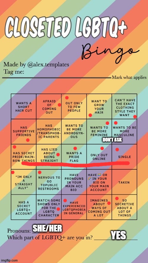 Okay, now i'm going to bed. | DON'T ASK; SHE/HER; YES | image tagged in closeted lgbtq bingo | made w/ Imgflip meme maker