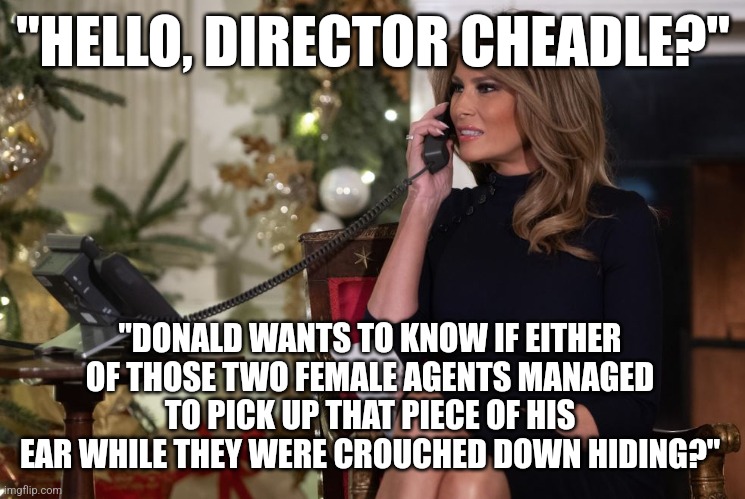 Unfair yes, funny though | "HELLO, DIRECTOR CHEADLE?"; "DONALD WANTS TO KNOW IF EITHER OF THOSE TWO FEMALE AGENTS MANAGED TO PICK UP THAT PIECE OF HIS EAR WHILE THEY WERE CROUCHED DOWN HIDING?" | image tagged in melania trump on phone | made w/ Imgflip meme maker