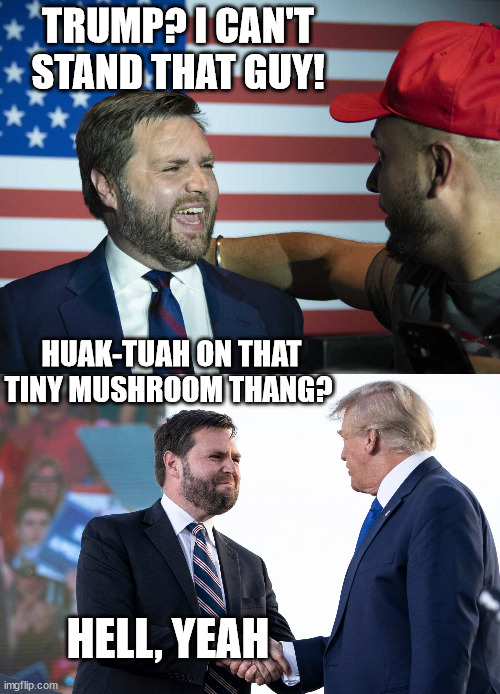 TRUMP? I CAN'T STAND THAT GUY! HUAK-TUAH ON THAT TINY MUSHROOM THANG? HELL, YEAH | image tagged in jd vance | made w/ Imgflip meme maker