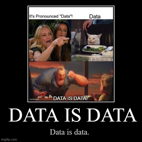 Data is data. | DATA IS DATA | Data is data. | image tagged in funny,demotivationals,math is math,woman yelling at cat,data | made w/ Imgflip demotivational maker