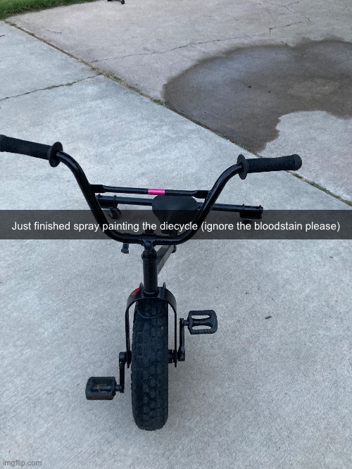 Just finished spray painting the diecycle (ignore the bloodstain please) | made w/ Imgflip meme maker