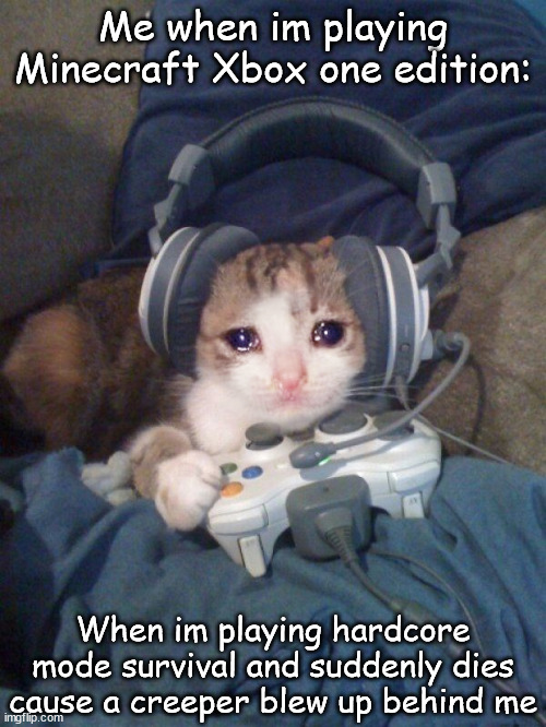This happens..... | Me when im playing Minecraft Xbox one edition:; When im playing hardcore mode survival and suddenly dies cause a creeper blew up behind me | image tagged in sad gamer cat with headphones crying while playing video games | made w/ Imgflip meme maker