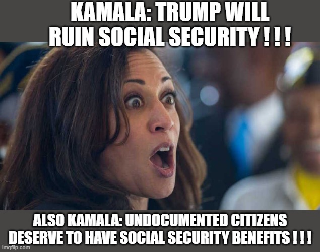 Illegal Immigration will kill Social Security | KAMALA: TRUMP WILL RUIN SOCIAL SECURITY ! ! ! ALSO KAMALA: UNDOCUMENTED CITIZENS DESERVE TO HAVE SOCIAL SECURITY BENEFITS ! ! ! | image tagged in kamala harriss,social security,illegal immigration | made w/ Imgflip meme maker