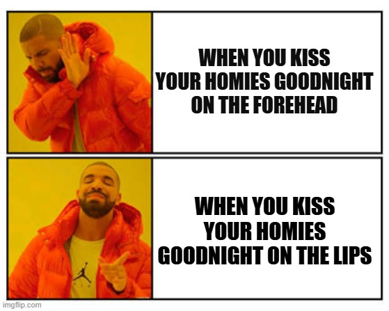 Only real homies understand | WHEN YOU KISS YOUR HOMIES GOODNIGHT ON THE FOREHEAD; WHEN YOU KISS YOUR HOMIES GOODNIGHT ON THE LIPS | image tagged in no - yes,funny memes,fun | made w/ Imgflip meme maker