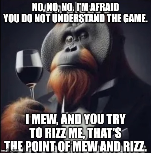 Idk | NO, NO, NO. I'M AFRAID YOU DO NOT UNDERSTAND THE GAME. I MEW, AND YOU TRY TO RIZZ ME, THAT'S THE POINT OF MEW AND RIZZ. | image tagged in oh please you're acting bananas,brainrot,rizz,mewing | made w/ Imgflip meme maker