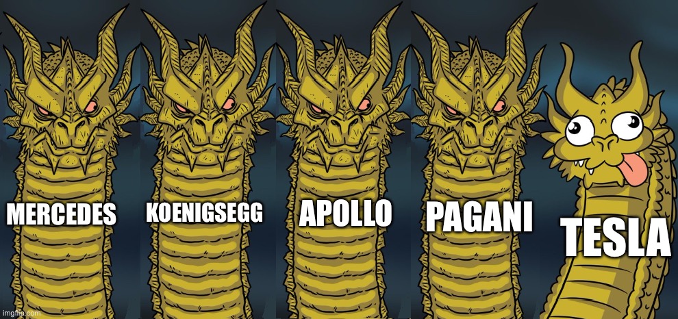 5 Headed Dragon | KOENIGSEGG; APOLLO; MERCEDES; PAGANI; TESLA | image tagged in 5 headed dragon | made w/ Imgflip meme maker