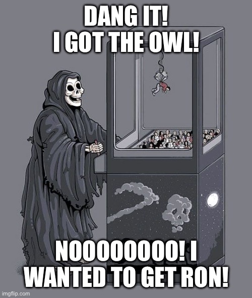 Grim Reaper Claw Machine | DANG IT! I GOT THE OWL! NOOOOOOOO! I WANTED TO GET RON! | image tagged in grim reaper claw machine | made w/ Imgflip meme maker