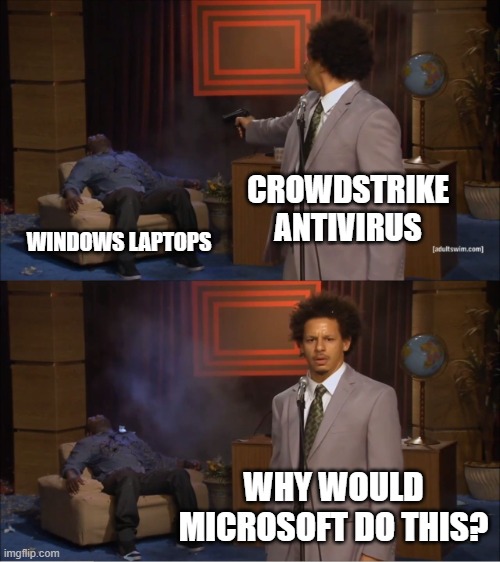 Who Killed Hannibal | CROWDSTRIKE ANTIVIRUS; WINDOWS LAPTOPS; WHY WOULD MICROSOFT DO THIS? | image tagged in memes,who killed hannibal | made w/ Imgflip meme maker