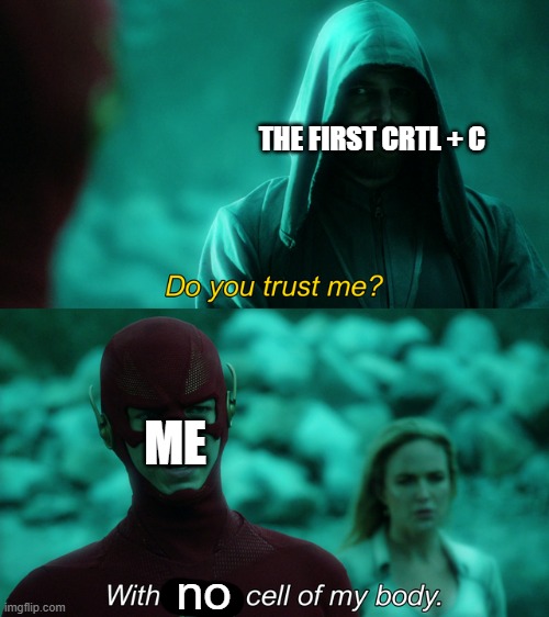 Ctrl + C a few more times, just to be safe | THE FIRST CRTL + C; ME; no | image tagged in do you trust me,memes,computers | made w/ Imgflip meme maker