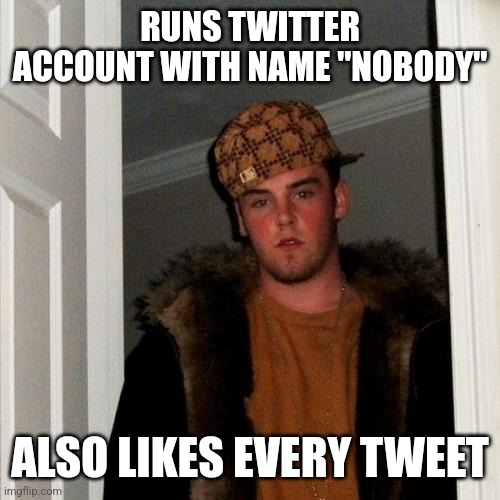 Twitter scumbag | RUNS TWITTER ACCOUNT WITH NAME "NOBODY"; ALSO LIKES EVERY TWEET | image tagged in memes,scumbag steve,twitter | made w/ Imgflip meme maker