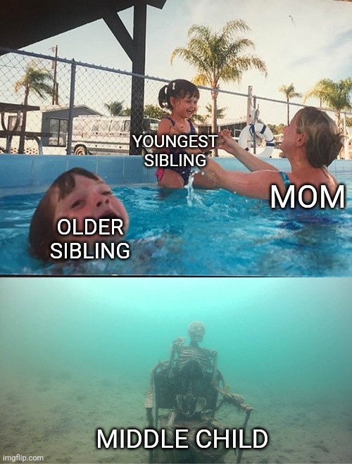 Mother Ignoring Kid Drowning In A Pool | YOUNGEST SIBLING; MOM; OLDER SIBLING; MIDDLE CHILD | image tagged in mother ignoring kid drowning in a pool,family,siblings,mom | made w/ Imgflip meme maker